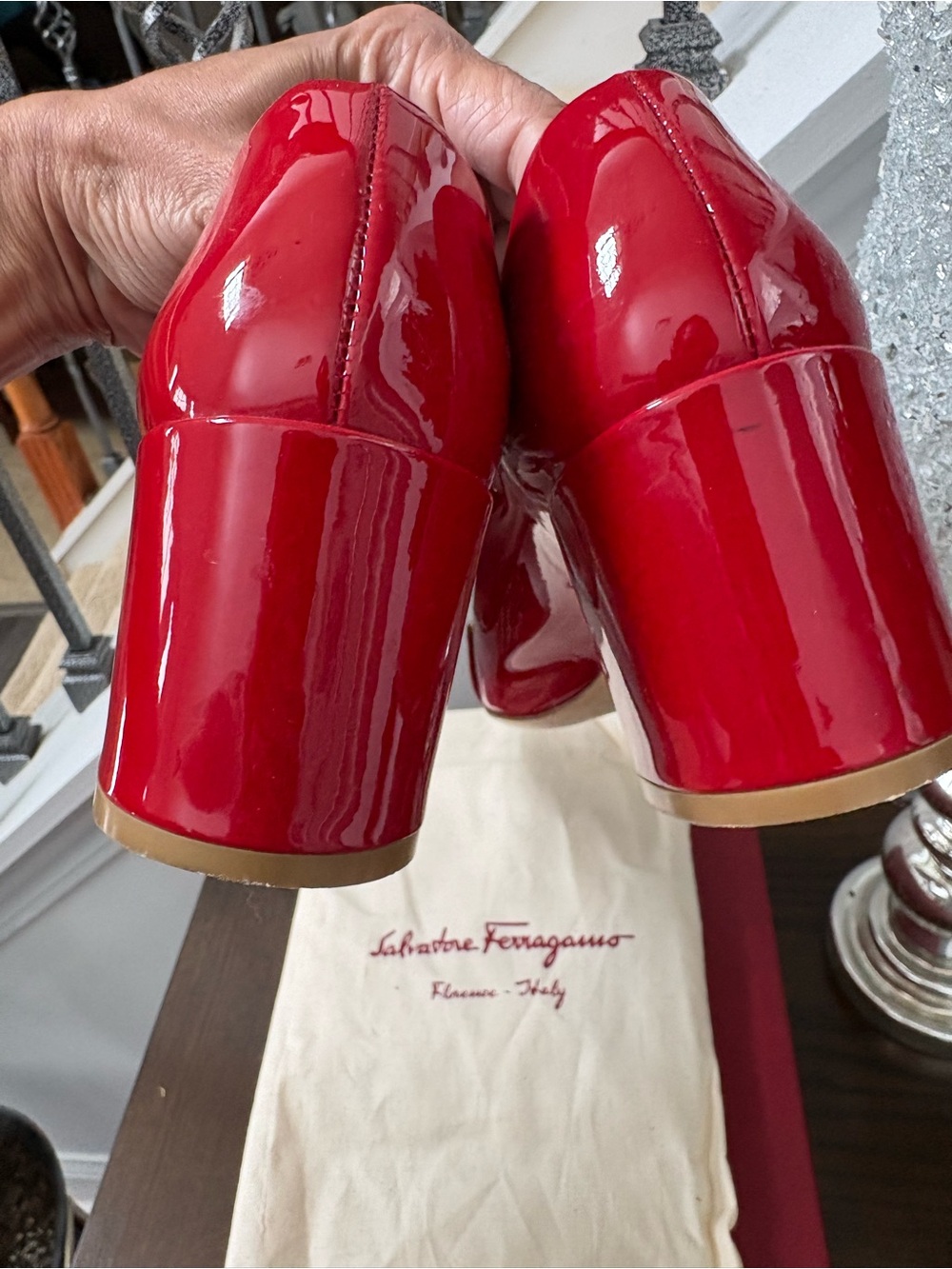 PRICE FIRM Salvatore Ferragamo Red Patent Leather Pumps w Gancini Gold Hardware - Picture 5 of 6